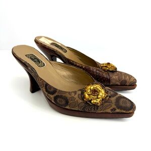 Salpy Brown Brocade Floral Snakeskin Embellished Heels